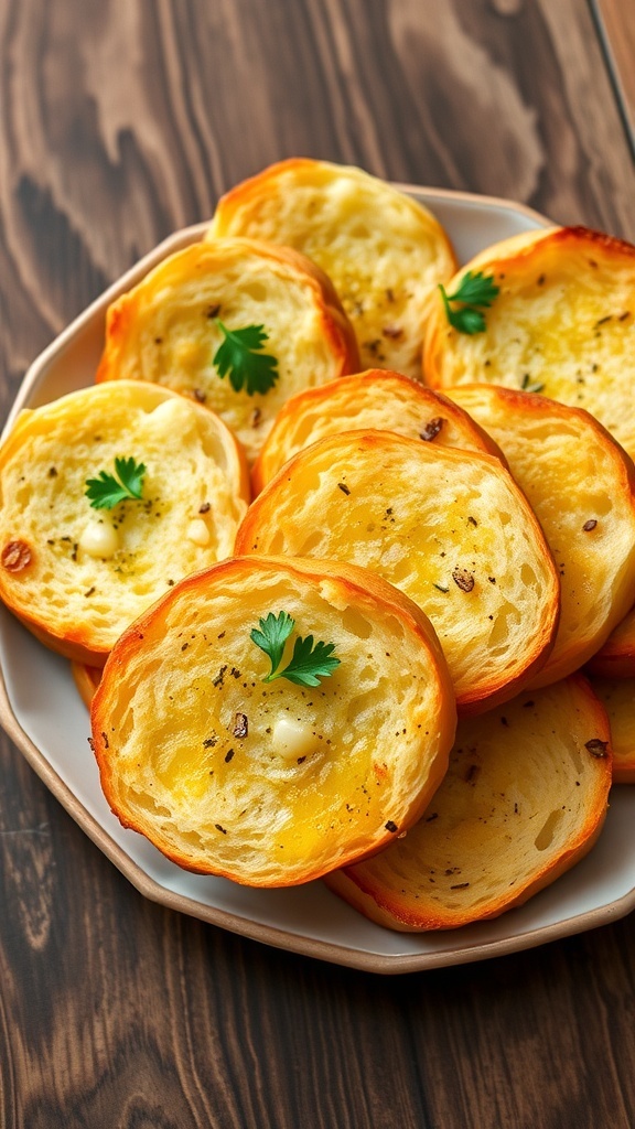 Slices of golden garlic bread garnished with parsley on a rustic wooden table.